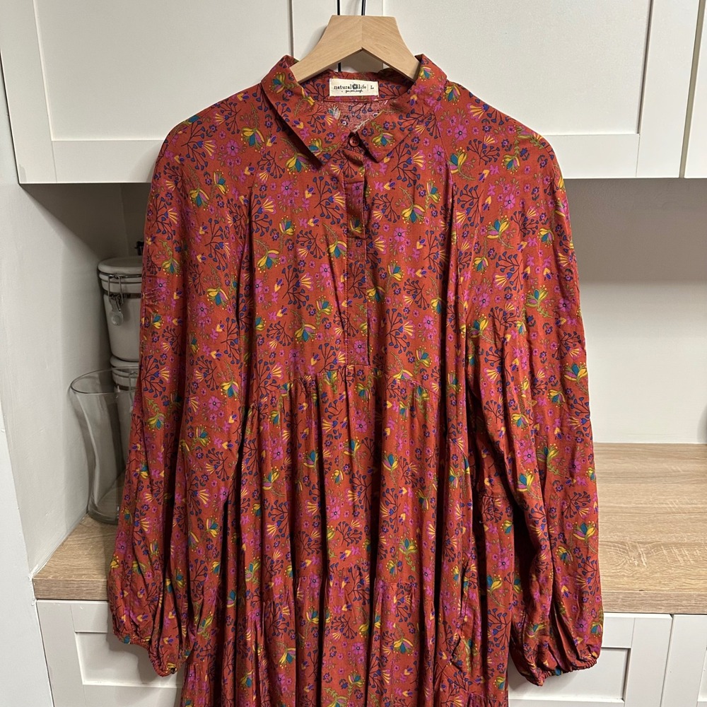 Natural Life Peasant Maxi Dress Womens L Floral Boho Tiered Long Sleeve Cottage - Picture 7 of 13